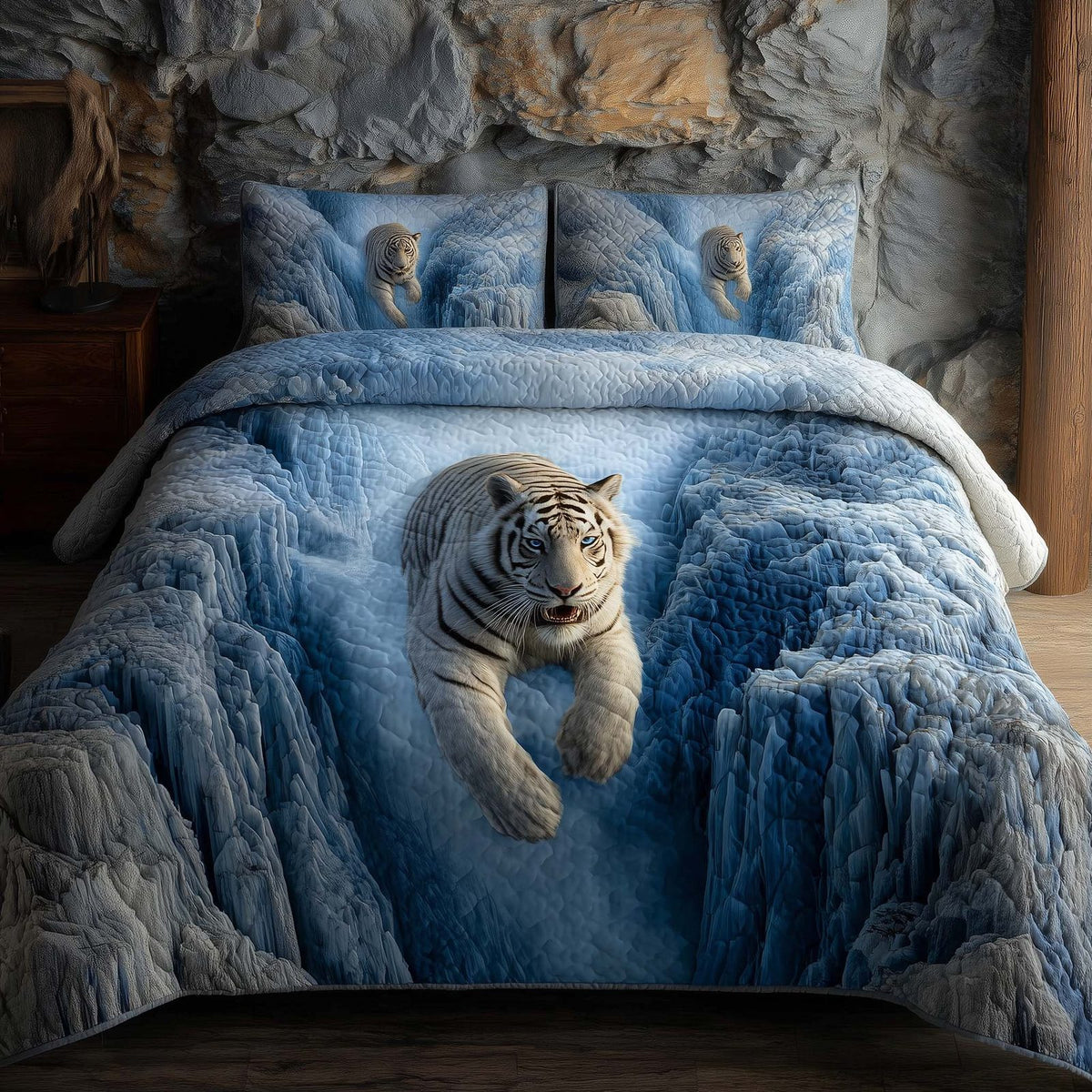 Majestic Tiger quilted 3-piece bedding set on a made bed with two matching pillow shams