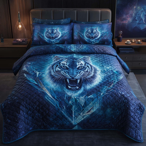 Majestic Tiger quilted 3-piece bedding set on a made bed with two matching pillow shams