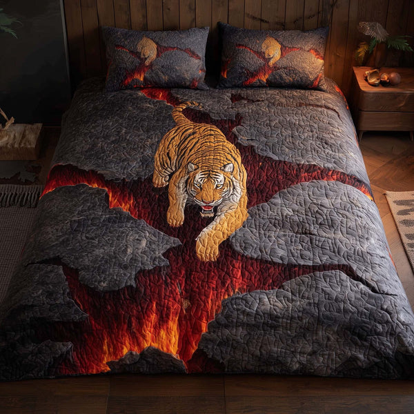 Majestic Tiger quilted 3-piece bedding set on a made bed with two matching pillow shams