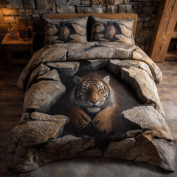 Majestic Tiger quilted 3-piece bedding set on a made bed with two matching pillow shams