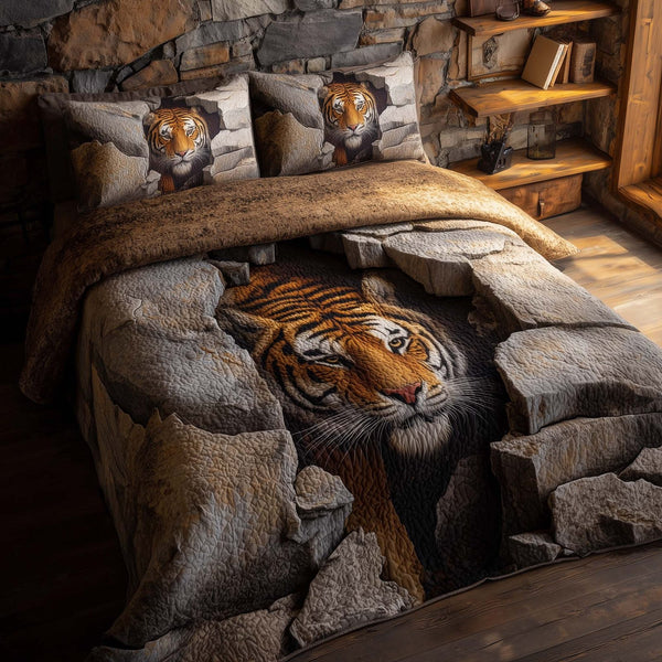 Majestic Tiger quilted 3-piece bedding set on a made bed with two matching pillow shams
