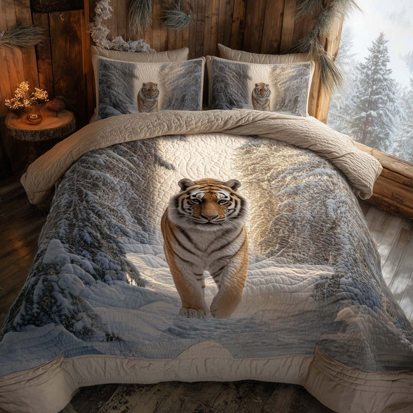 Majestic Tiger quilted 3-piece bedding set on a made bed with two matching pillow shams