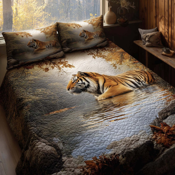 Majestic Tiger quilted 3-piece bedding set on a made bed with two matching pillow shams