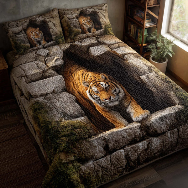 Majestic Tiger quilted 3-piece bedding set on a made bed with two matching pillow shams