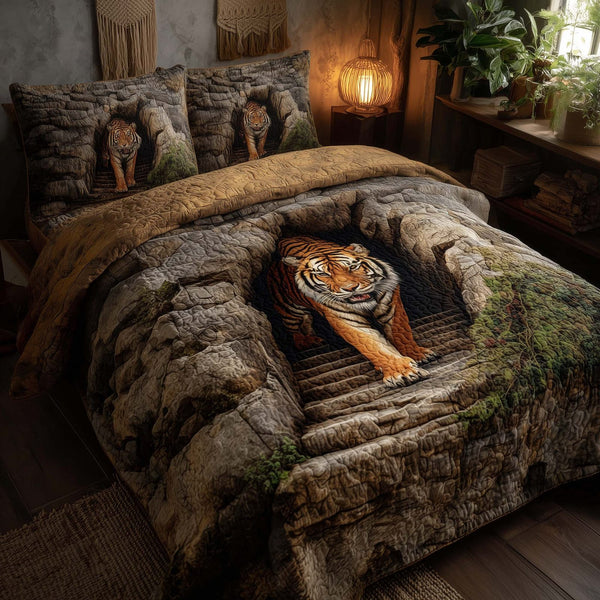 Majestic Tiger quilted 3-piece bedding set on a made bed with two matching pillow shams
