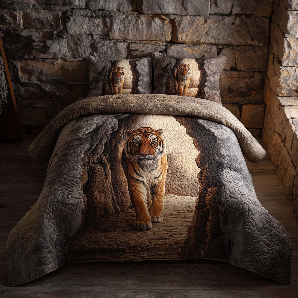 Majestic Tiger quilted 3-piece bedding set on a made bed with two matching pillow shams