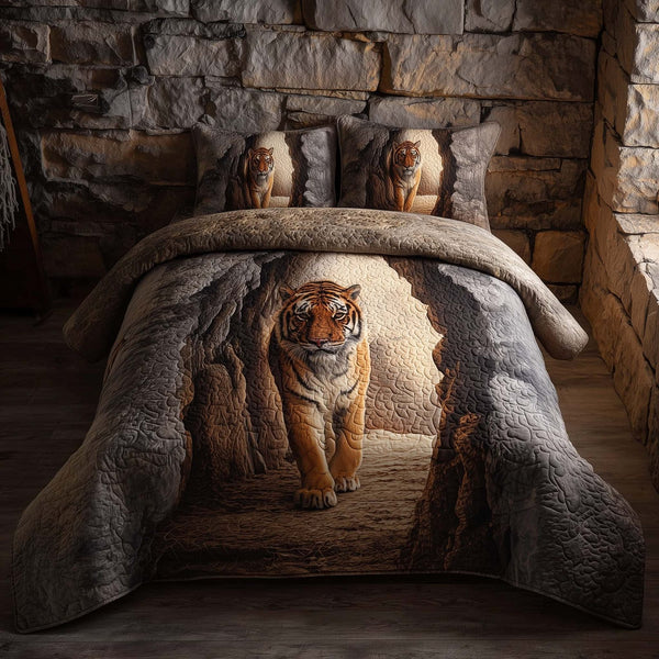 Majestic Tiger quilted 3-piece bedding set on a made bed with two matching pillow shams