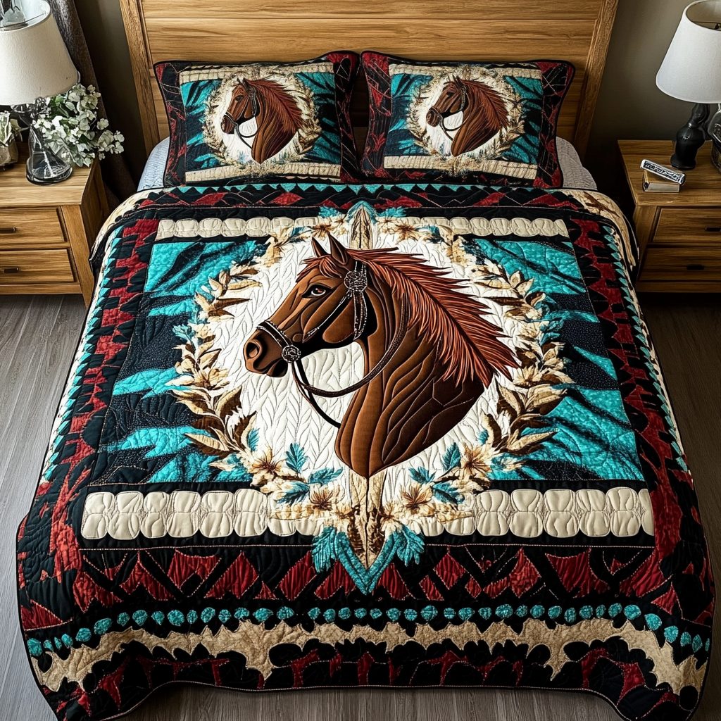 Majestic Trails quilted 3-piece bedding set on a made bed with two matching pillow shams
