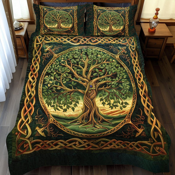 Majestic Tree of Life Celtic quilted 3-piece bedding set on a made bed with two matching pillow shams