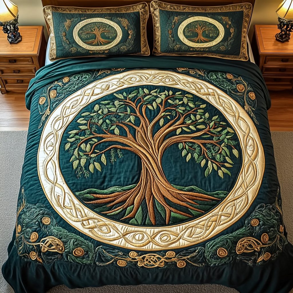 Majestic Tree quilted 3-piece bedding set on a made bed with two matching pillow shams