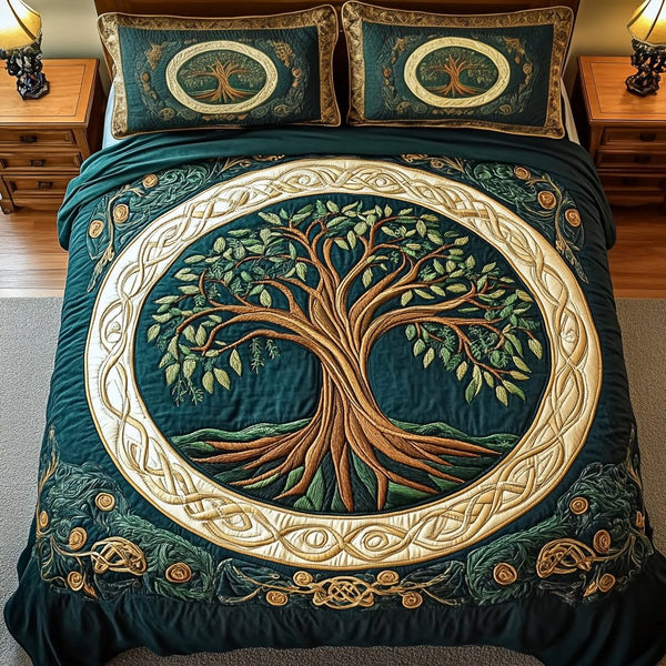 Majestic Tree quilted 3-piece bedding set on a made bed with two matching pillow shams