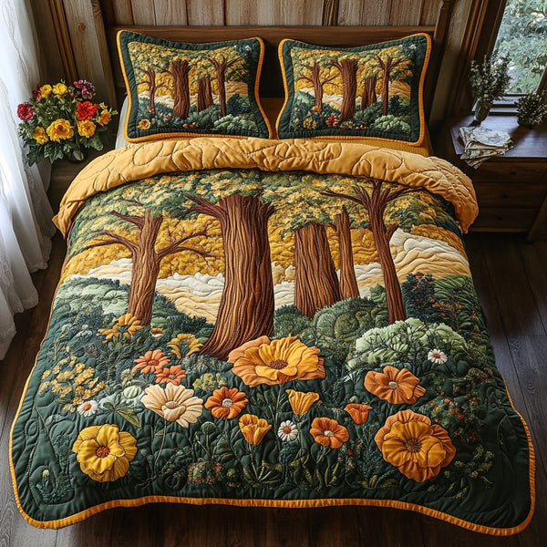 Majestic Trees quilted 3-piece bedding set on a made bed with two matching pillow shams
