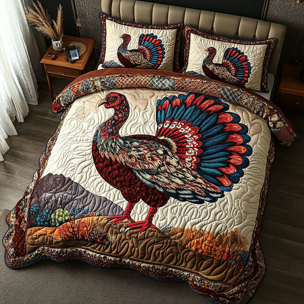 Majestic Turkeys quilted 3-piece bedding set on a made bed with two matching pillow shams