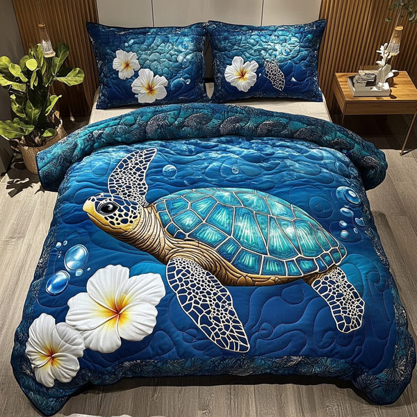 Majestic Turtle quilted 3-piece bedding set on a made bed in a light coastal bedroom