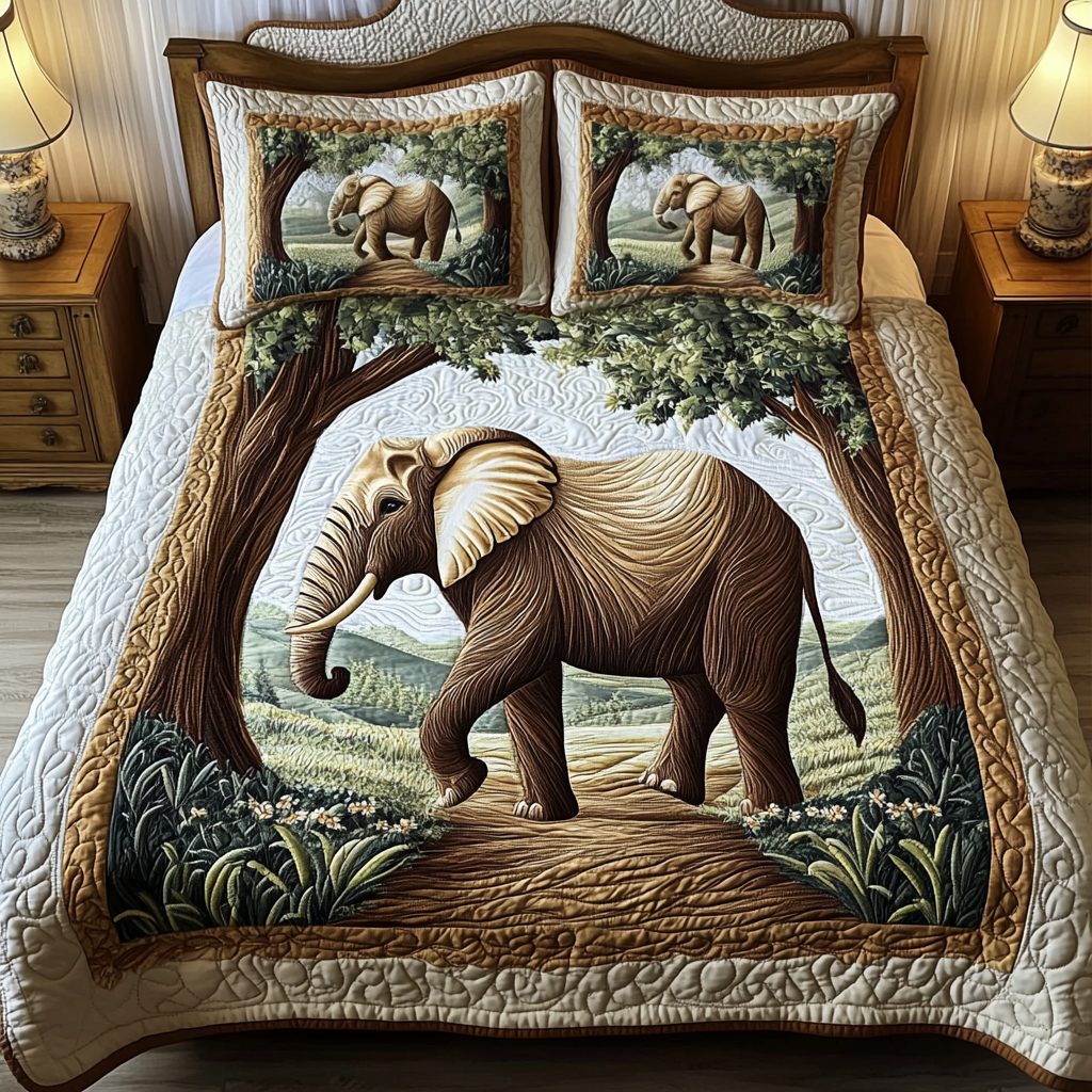 Majestic Tusk quilted 3-piece bedding set on a made bed with two matching pillow shams