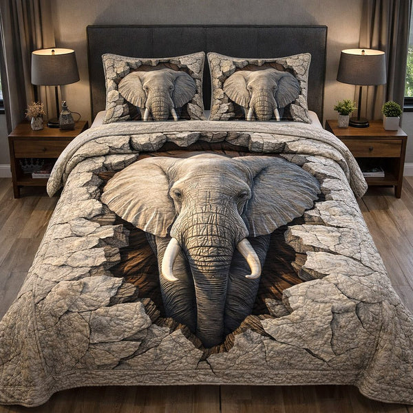 Majestic Tusker quilted 3-piece bedding set on a made bed with two matching pillow shams