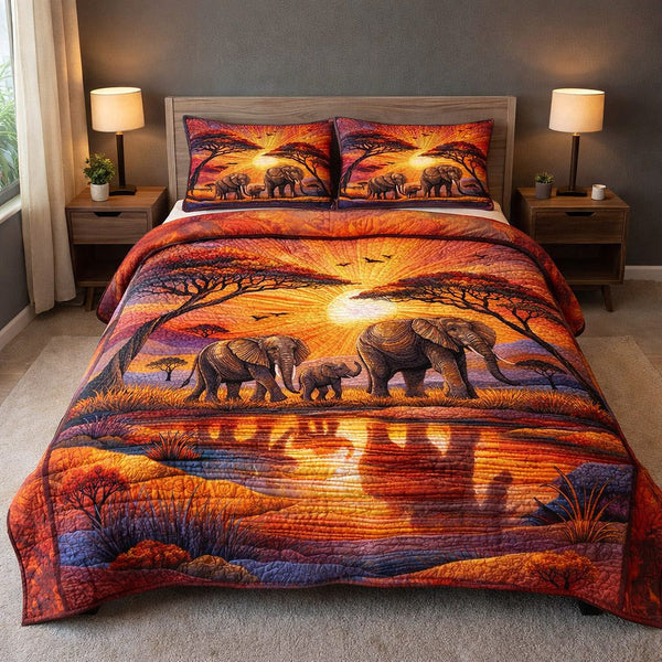 Majestic Tusker quilted 3-piece bedding set on a made bed with two matching pillow shams