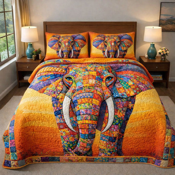 Majestic Tusker quilted 3-piece bedding set on a made bed with two matching pillow shams