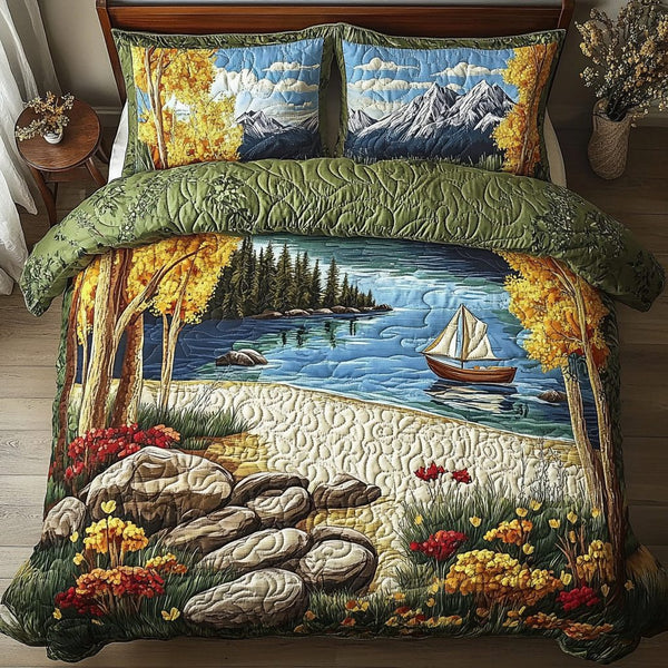 Majestic Views quilted 3-piece bedding set on a made bed with two matching pillow shams