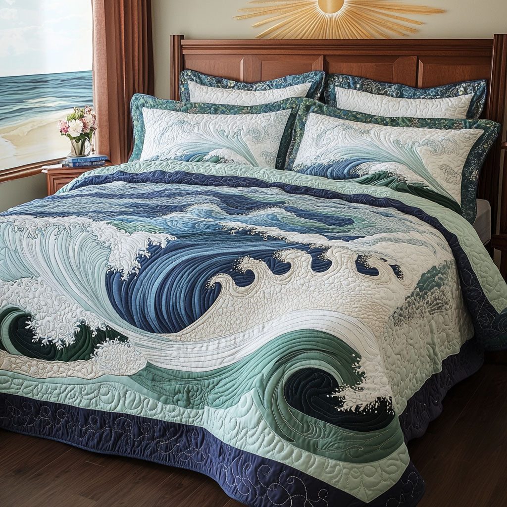 Majestic Waters quilted 3-piece bedding set on a made bed with two matching pillow shams