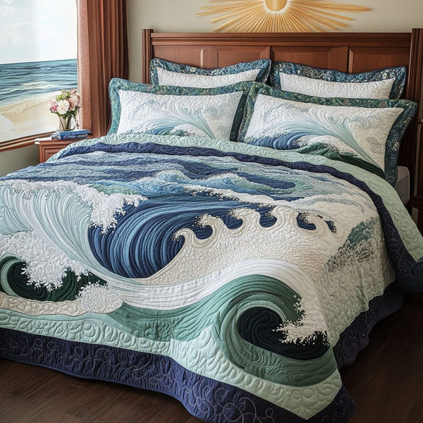 Majestic Waters quilted 3-piece bedding set on a made bed with two matching pillow shams