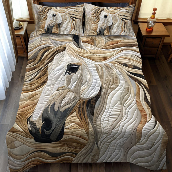 Majestic White Horse quilted 3-piece bedding set on a made bed in a rustic timber bedroom