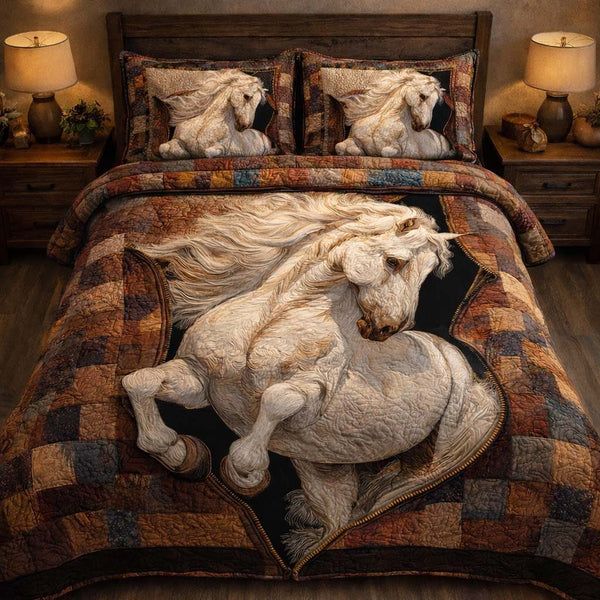 Majestic White Stallion quilted 3-piece bedding set on a made bed in a rustic timber bedroom