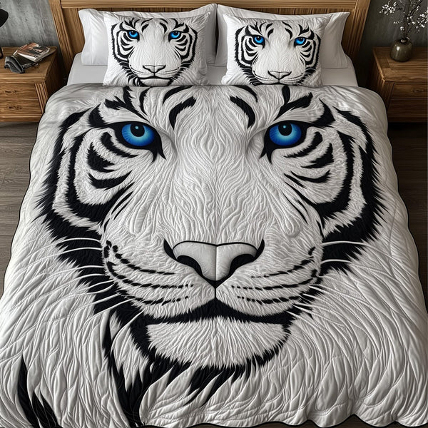 Majestic White Tiger quilted 3-piece bedding set on a made bed with two matching pillow shams
