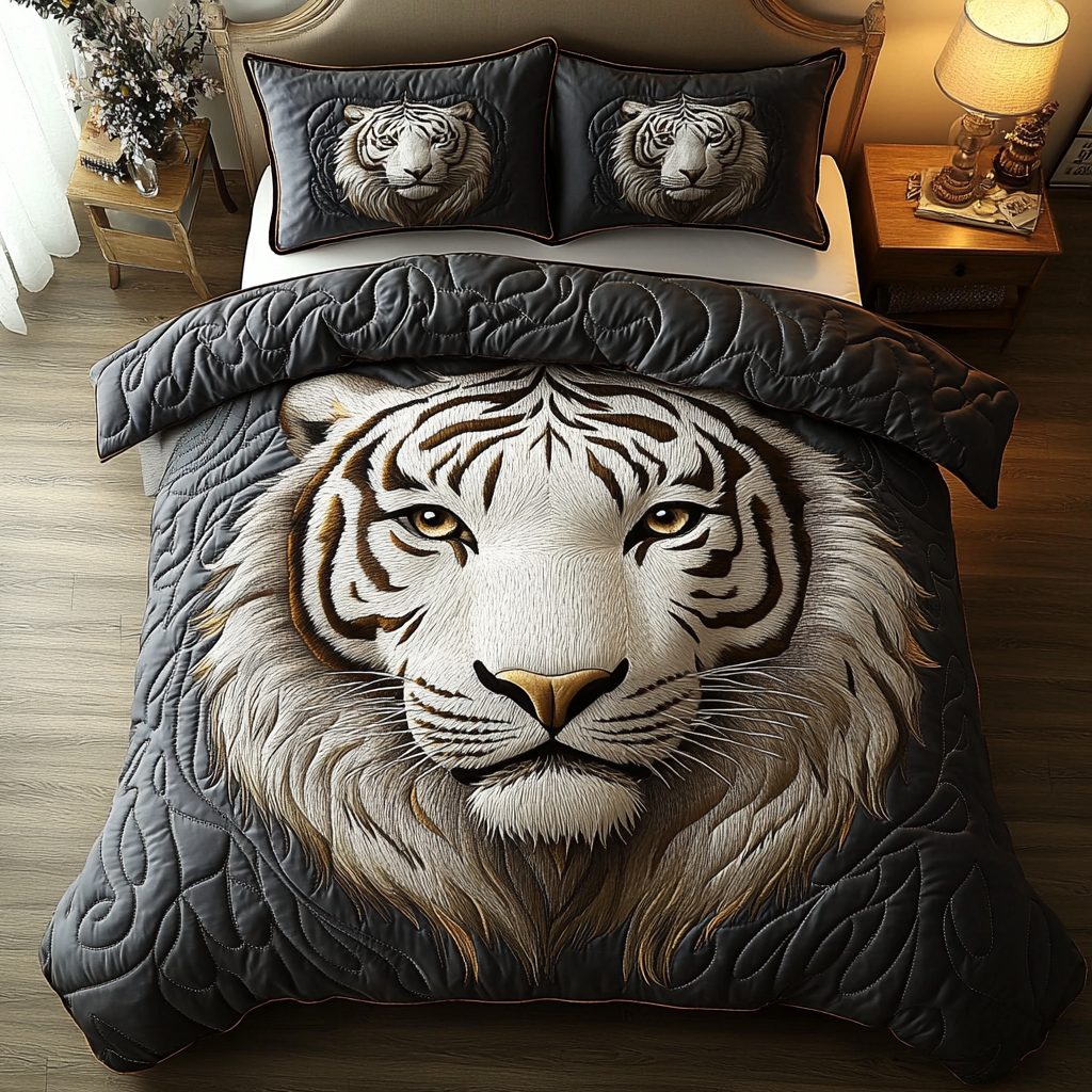 Majestic White Tiger quilted 3-piece bedding set on a made bed with two matching pillow shams
