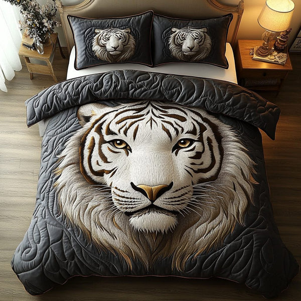 Majestic White Tiger quilted 3-piece bedding set on a made bed with two matching pillow shams