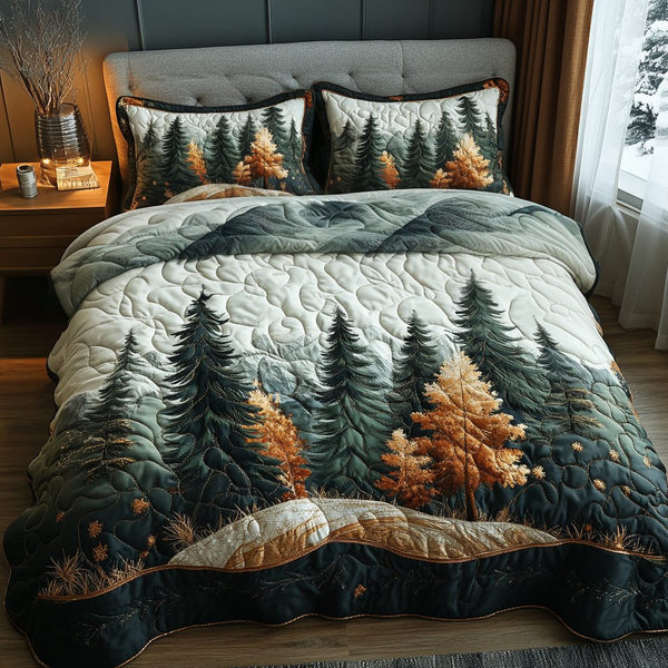 Majestic Winter Forest quilted 3-piece bedding set on a made bed in a winter-styled bedroom