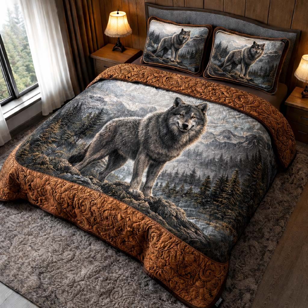 Majestic Wolf quilted 3-piece bedding set on a made bed with two matching pillow shams