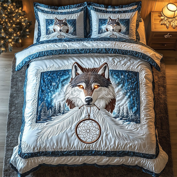 Majestic Wolf quilted 3-piece bedding set on a made bed with two matching pillow shams