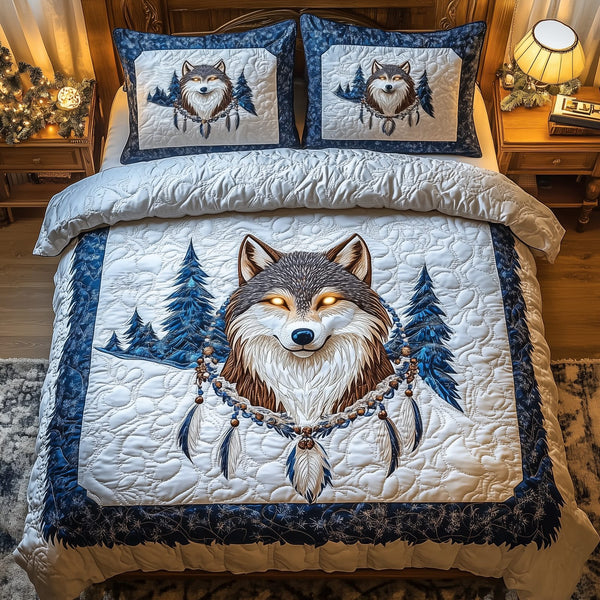 Majestic Wolf quilted 3-piece bedding set on a made bed with two matching pillow shams