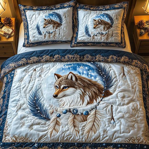 Majestic Wolf quilted 3-piece bedding set on a made bed with two matching pillow shams
