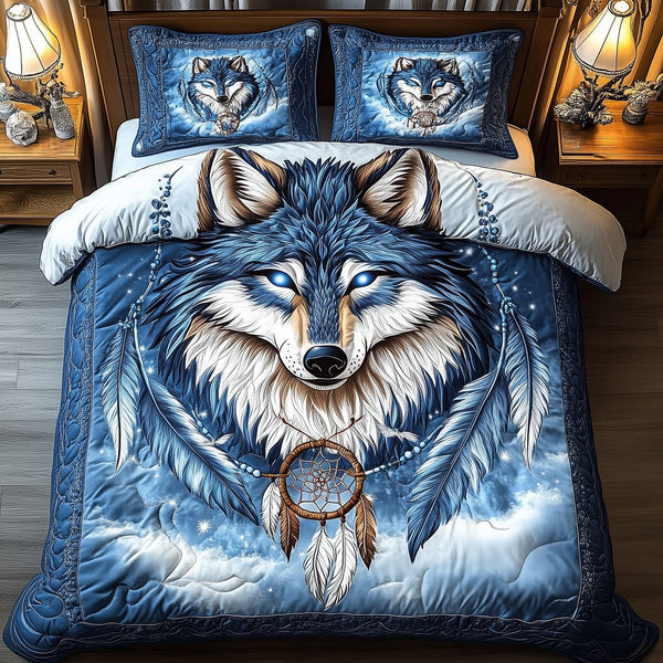 Majestic Wolf quilted 3-piece bedding set on a made bed with two matching pillow shams