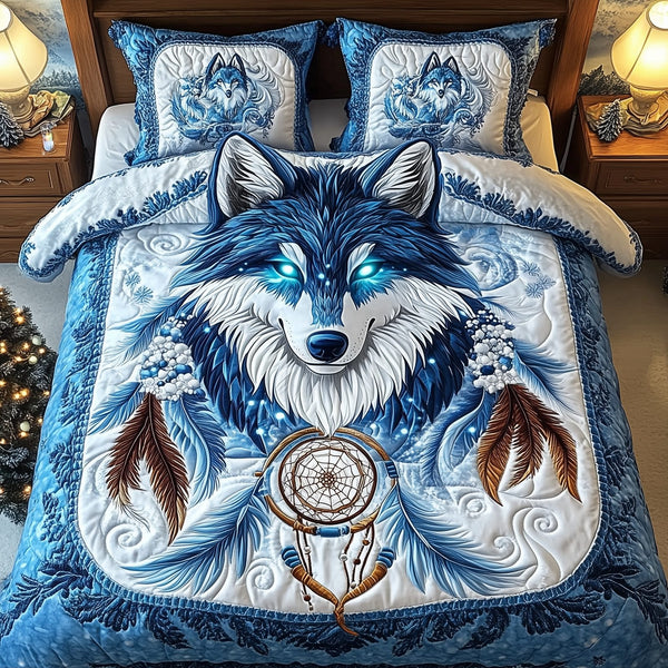 Majestic Wolf quilted 3-piece bedding set on a made bed with two matching pillow shams