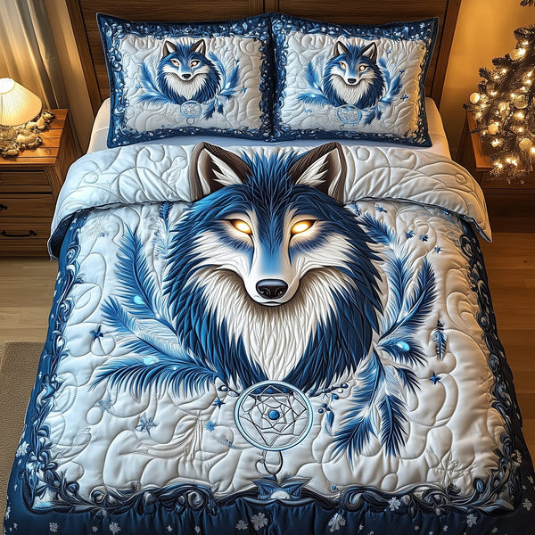 Majestic Wolf quilted 3-piece bedding set on a made bed with two matching pillow shams