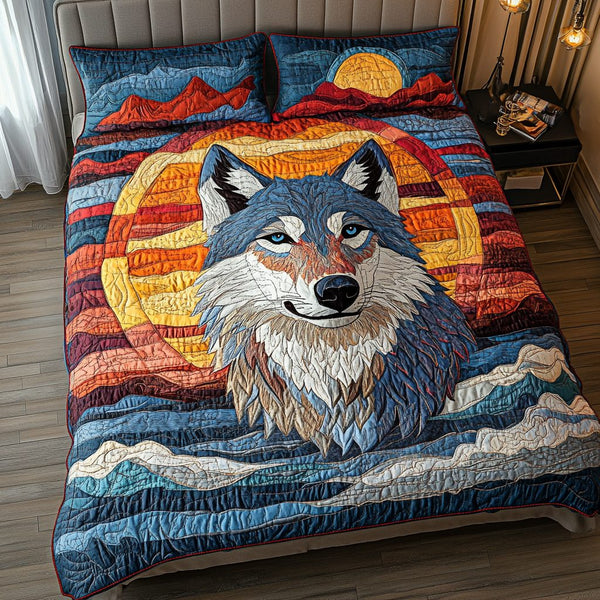 Majestic Wolf quilted 3-piece bedding set on a made bed with two matching pillow shams