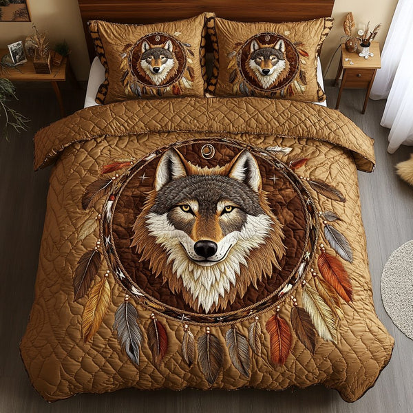Majestic Wolf quilted 3-piece bedding set on a made bed with two matching pillow shams