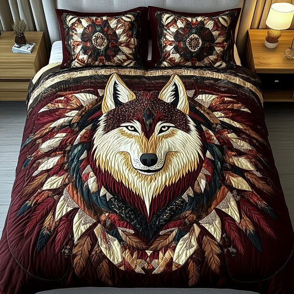 Majestic Wolf quilted 3-piece bedding set on a made bed with two matching pillow shams