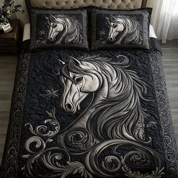 Majesty Horse quilted 3-piece bedding set on a made bed in a rustic timber bedroom