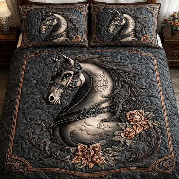Majesty Horse quilted 3-piece bedding set on a made bed in a rustic timber bedroom