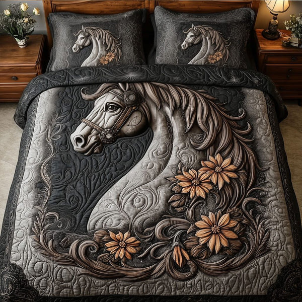 Majesty Horse quilted 3-piece bedding set on a made bed in a rustic timber bedroom
