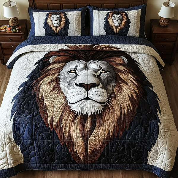 Majesty Lion quilted 3-piece bedding set on a made bed with two matching pillow shams