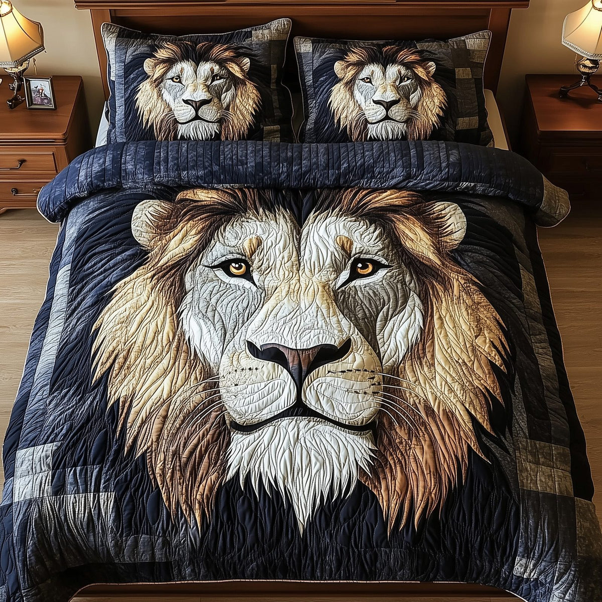 Majesty Lion quilted 3-piece bedding set on a made bed with two matching pillow shams