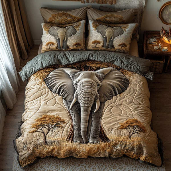 Majesty of the Savannah quilted 3-piece bedding set on a made bed with two matching pillow shams