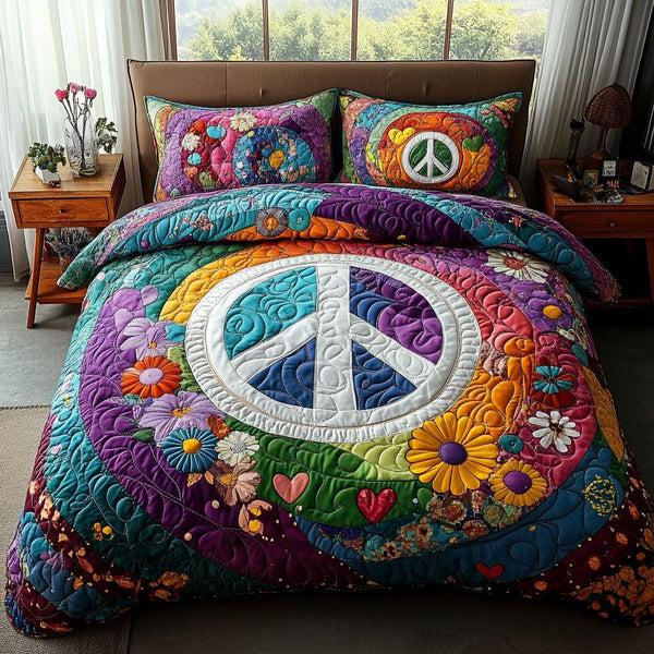 Make Love Not War quilted 3-piece bedding set on a made bed with two matching pillow shams
