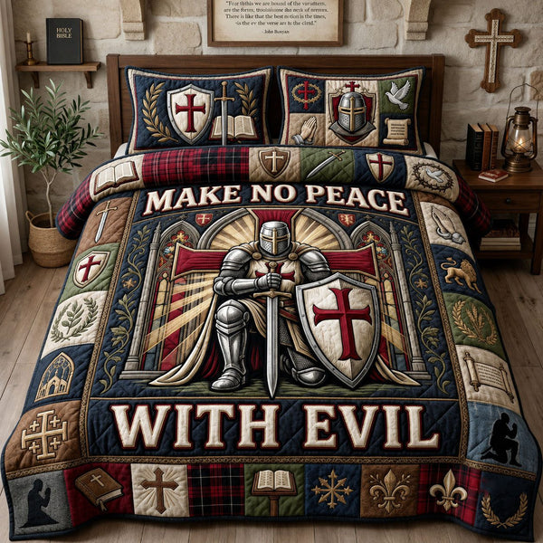 Make No Peace with Evil quilted 3-piece bedding set on a made bed with two matching pillow shams