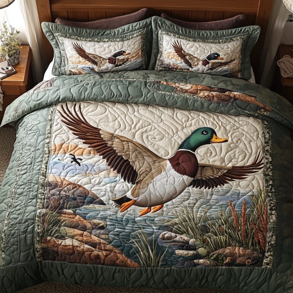 Mallard Ducks Adventure quilted 3-piece bedding set on a made bed in a winter-styled bedroom